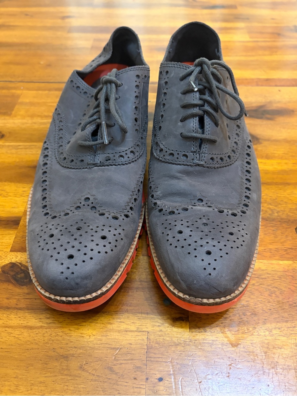 Cole Haan Zerogrand Men Wingtip Oxford Grey Suede Orange Sole Sz 9.5 no box